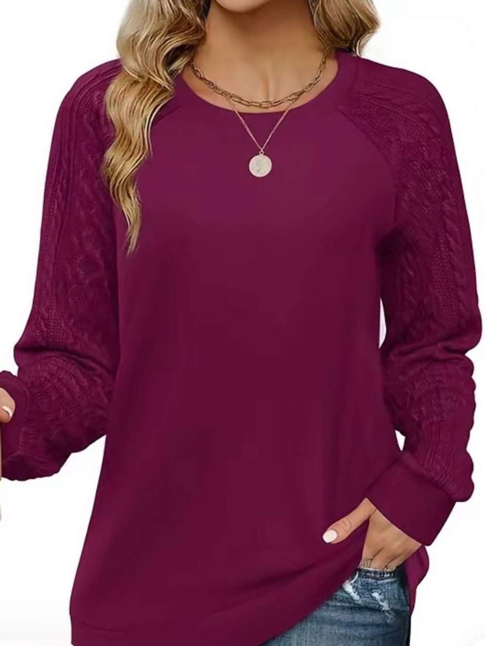 No Boundaries Burgundy Cable Sleeve Pullover Sweatshirt